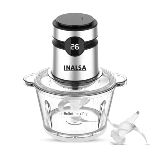 INALSA Electric Chopper For Kitchen With Digital Display|500 Watt Copper Motor|1.8 L Capacity Glass Bowl|Twin Blade Technology|2 Speed Settings|Onion,Vegetable Chopper,Meat Grinder (Bullet Inox Digi)
