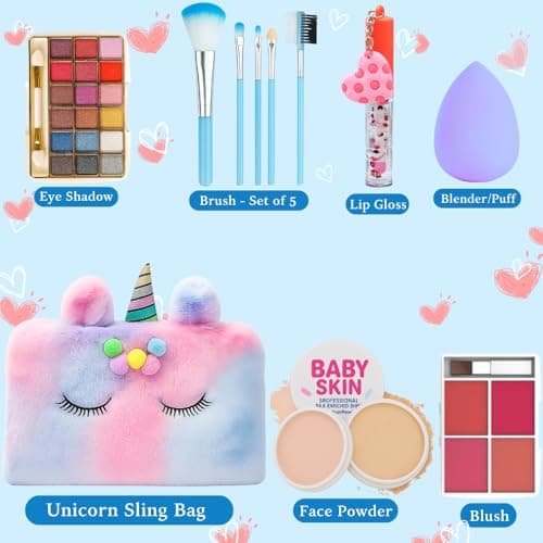 Real Makeup Kit for Girls & Teens –15-Piece Safe & Washable Cosmetic Set with Rainbow Fur Bag – Non-Toxic Beauty Gift for Ages 7–16, Includes Brushes, Lip Gloss, Blush & More 3