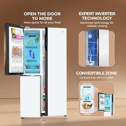 Haier 598 L 3 Star Frost Free Expert Inverter Smart Sense AI enabled 3-Door Side by Side Refrigerator (HRT-683PWGU1, Pearl White Glass, Magic Convertible Zone, Premium Vogue Glass, 2026 Model) 2