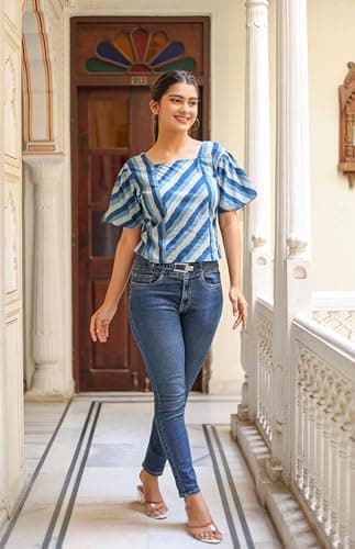 Yash Gallery Women’s Blue Cotton Ikat Printed Puff Sleeve Square Neck Casual Top | Stylish Summer Wear Cotton Blouse for Jeans | Ethnic Western Fusion Wear Top 2