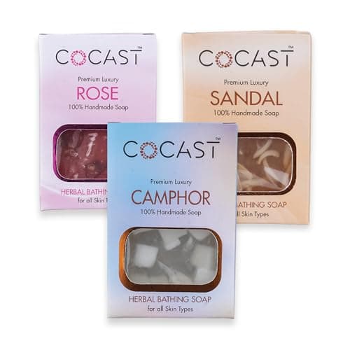 COCAST Premium Luxury Herbal Bathing Soap Bar | Rose, Sandal & Camphor | Handmade Herbal Soaps for Daily Cleansing | All Skin Types - 100g Pack of 3