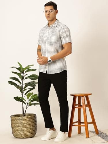 Thomas Scott Mens Cotton Linen Half Sleeves Checkered Casual Shirt (TS1376_Black, 3XL) 5