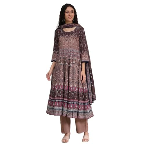Biba Women Mud Brown Cotton Anarkali Printed Kurta Set_34
