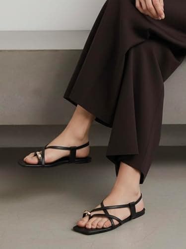 Indifeet Women Toe Ring Flat Sandals, Ankle Strap Slingbacks, Black, UK 6 5