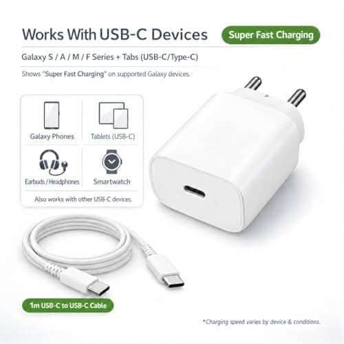 25W Charger for Samsung with Type C Cable | Super Fast Charging for Galaxy S26/S25 Ultra, S24 FE, A56/A36, M15/M17/M55 5G, F15/F55/Z Fold & S/A/M/F/Z Series - BIS Certified 2