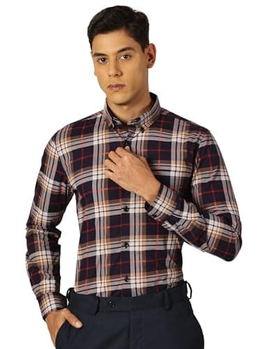 Thomas Scott Men 100% Cotton Full Sleeves Checkered Formal Shirt (Navyblue, L)