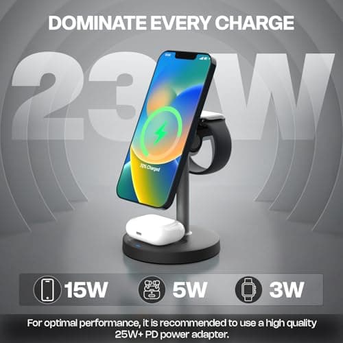 Mozen by Amkette Air 800, 23W Qi2 Certified 3 in 1 Magsafe Charger/Wireless Charger for iPhone 8 & above, wireless charging smartphones, Apple Watch, AirPods/Galaxy Buds, 45° Tilt, Type-C Cable, Black 4