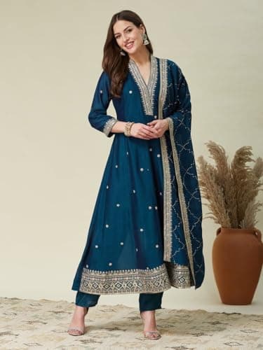 Women’s Silk Embroidered Kurta Pant Dupatta Set | Premium Designer Ethnic Wear for Festivals, Parties & Weddings | Traditional Ladies Kurti with Matching Pants and Dupatta (IN, Alpha, 3XL, rama) 2
