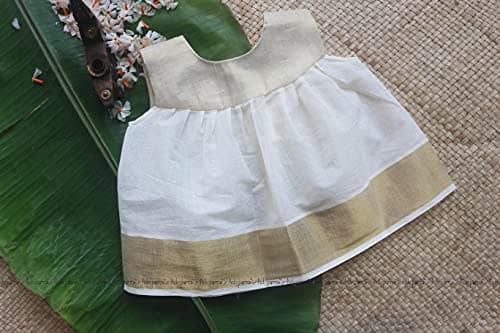 Picksparrow Newborn Baby Girl Traditional Dress/Kerala Kasavu Above The Knee Frock (0-3 Months) Offwhite 3