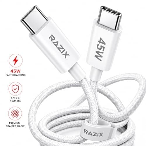 Razix Link 45 Type C to Type C Fast Charging Cable | 45W PD Fast Charging & Data Sync Cable for iPhone 17/16/15 Series, Samsung, OnePlus, iPad, MacBook & USB-C Devices | Nylon Braided 2