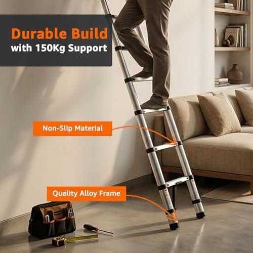 Amazon Basics 5.1 m (16.73 ft) Foldable Telescopic Ladder | Aluminum 13-Step Portable Ladder | Space-Saving for Home Maintenance & Outdoor Tasks 3