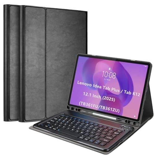 ProCase Tablet Case with Keyboard Compatible with Lenovo Idea Tab Plus 12.1"/Tab K12, Folio Cover with Magnetically Removable Wireless Keyboard, Multi-Angle Stand and Pen Holder, Black