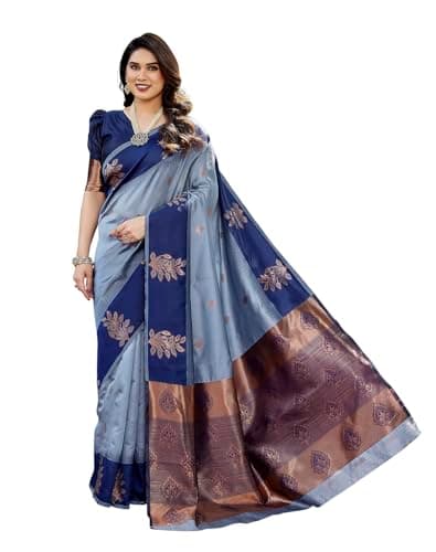 Yashika Women's Cotton Silk Traditional Motifs Floral Jacquard Saree | Blue Color Saree | Women Sari | Saree