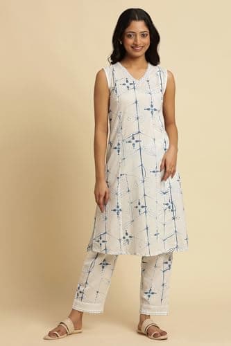 W for Woman White Printed Cotton Co-Ord Kurta Sets With Straight Pant_24FEWS10529-123082_3XL 2