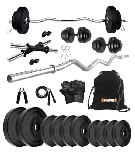 Kore PVC 50 Kg Home Gym Set with One 3 Ft Curl and One Pair Dumbbell Rods with Gym Bag & Accessories, Multicolor, Black