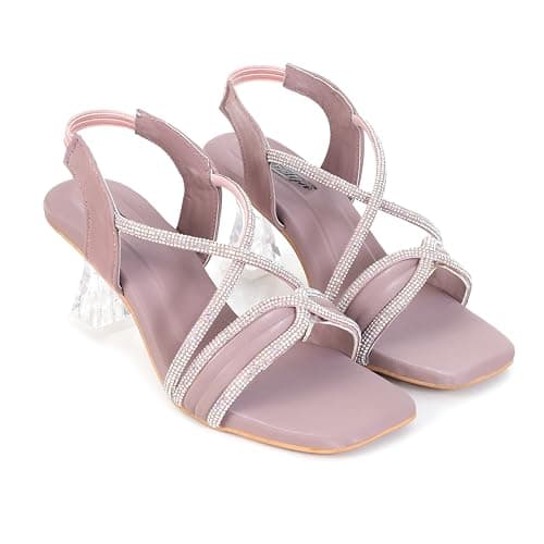 ROZLYN Women's Synthetic Crystal Sandal, Square Toe, Block Heel, Criss-Cross Diamante Straps, Slingback Elastic, Elegant Party and Casual Wear (Pack Of 1) (Pink, UK Footwear Size System, Adult, Women,