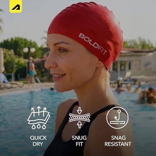 Boldfit Silicone Swimming Cap for Men, Women & Kids - Easy Fit, Long Hair - Red 4