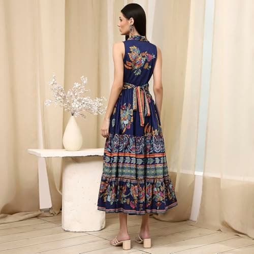 Biba Women Indigo Cotton Floral Tiered Dress_40 5