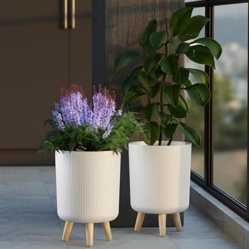 LEAWALL Modern White Flower Pot with Stand | Large Indoor Outdoor Planter for Home Garden Balcony Living Room | Italian Ribbed Design Tall Decorative Plastic Plant Pots with Legs (White, 1) 5