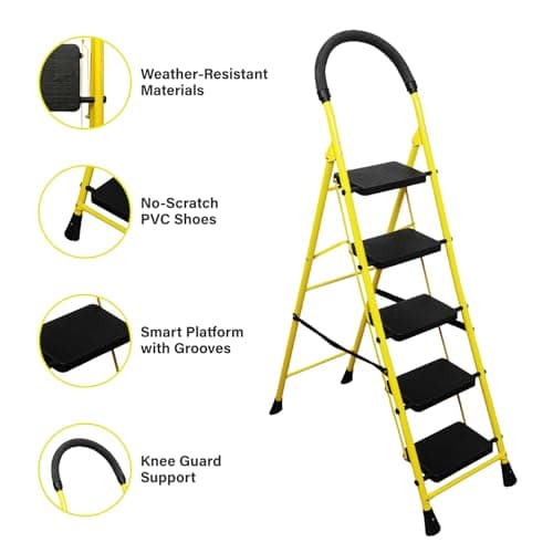 BonKaso Mild Steel Multipurpose Climb Swift 5-Step Foldable Ladder with Safety Clutch Lock, Load Capacity Upto 120kg – Anti-Slip Designed for Indoor & Outdoor Use - (Yellow & Black) 4