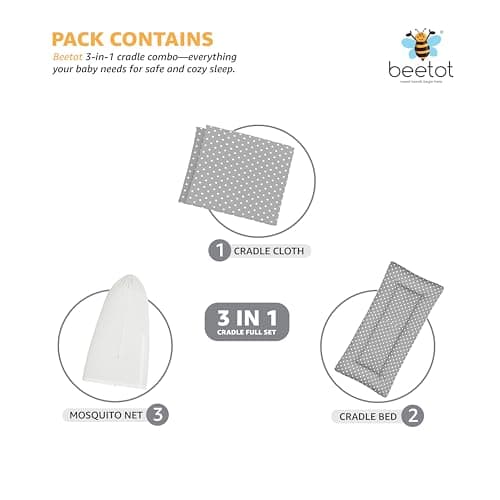 beetot Baby Cradle Set Swing/Jhula (Thottil Cloth, Palna, Dolna) | Hanging Cradle Cloth with Removable Padand Mosquito Net | Up to 15 kg | CRA-MELANCHI DOT 2