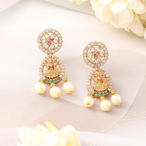 Rubans 22K Gold-Plated Emerald Green, Ruby Pink & White Cubic Zirconia Studded Temple Necklace Set 5