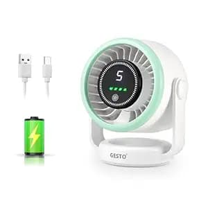 Gesto High Speed Turbo Table Fan – 5 Speed Rechargeable Desk Fan with 3600mAh Battery, Upto 10 Hrs. Runtime, USB Type-C Portable Fan, 180° Adjustable Quiet Desktop Fan for Office, Home, Kitchen,Travel