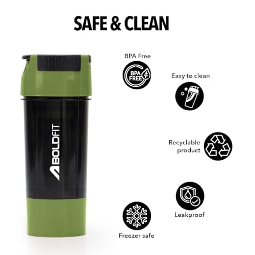 Boldfit Gym Shaker Pro Cyclone Shaker Bottle 500ml with Extra Compartment, Leakproof, Sturdy Ideal for Protein Supplement, Preworkout and BCAAs, BPA Free Sipper Bottle Shaker bottle for Gym Army Green 4