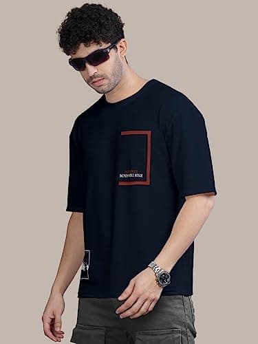 BULLMER Trendy Front Printed Oversized Round Neck T-Shirt for Men - Navy Blue/X-Large 5