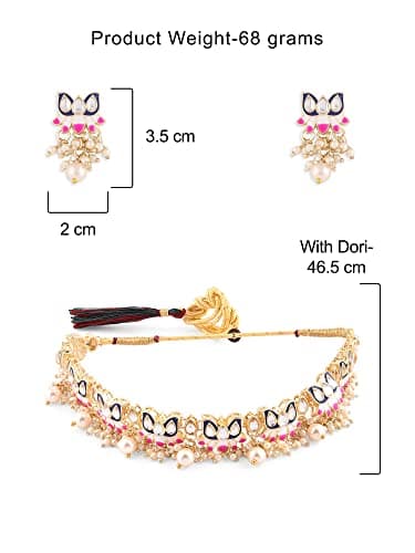 ZAVERI PEARLS Blue & Pink Meenakari Lotus Design Choker Necklace Earring & Ring Set For Women-ZPFK14435 5