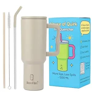 House of Quirk 1200ML Stainless Steel Tumbler with Handle & Lid, 2 Straws – Large Travel Mug Water Cup for Gym, Office & Outdoor Use (Stone Silk)