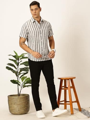 Thomas Scott Mens Half Sleeves Cotton Linen Striped Casual Shirt (TS1375_Black, 2XL) 5