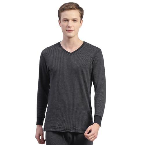 Monte Carlo Mens Black Solid Cotton Blend V Neck Full Sleeve Thermal Vest (6230BM7BL-0-38)