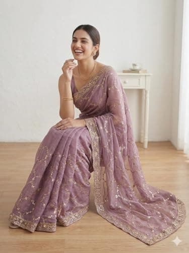 Flosive"Elegant Lavender Silk Saree for Women with Zari Embroidery, Sequin Work & Designer Blouse Piece for Wedding, Party & Festive 2