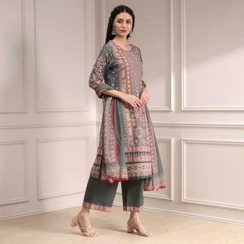 Biba Women Grey Cotton Straight Printed Kurta Set_34 5