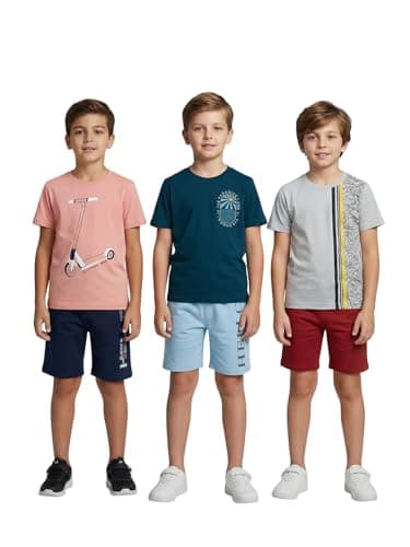 HELLCAT Boys Printed Round Neck T-Shirt with Shorts Set | Multicolor | Pack of 3_Pink_9-10Years
