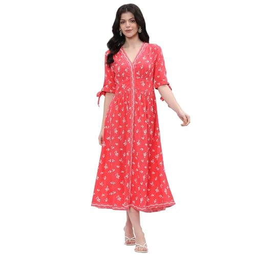 Rangriti Women Coral Viscose Rayon Flared Dress_46