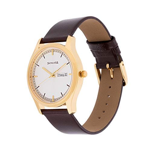 Sonata Quartz Analog with Day and Date White Dial Leather Strap Watch for Men-NS77082YL03W/NT77082YL03W 3