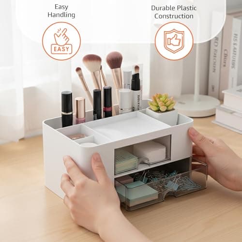 Amazon Basics Desk Organiser with 7 Compartments | 19.7 × 14.2 × 10 cm | White | Durable Plastic | Pack of 2 6