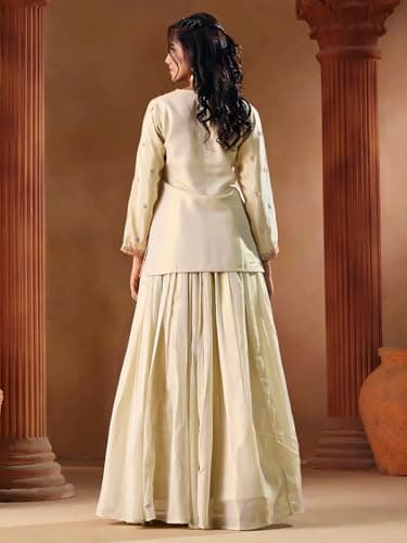 madhuram textiles Women's Shimmar Top Skirt Set for Women V-Neck Embroidered Ethnic Wear Dress(M-2558 Off White_Small) 2