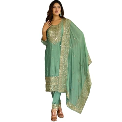 Women’s Silk Embroidered Straight Kurti with Dupatta and Pants | Elegant Festive & Wedding Outfit | Traditional Indian Ethnic Wear for Parties & Celebrations (IN, Alpha, 2XL, Standard, Green)