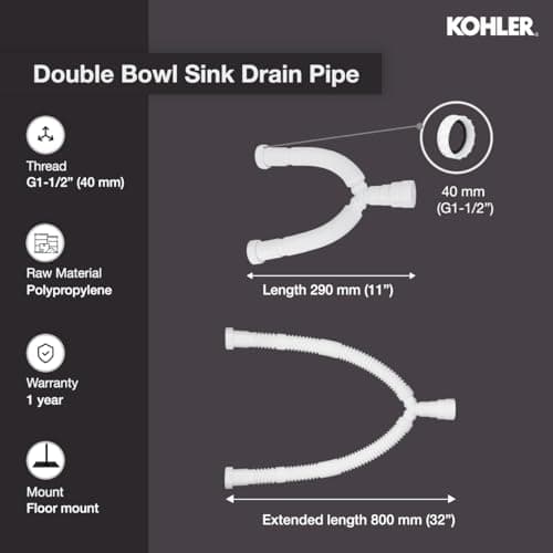 Kohler Double Bowl Sink Drain Pipe | Y-Shape Waste Pipe Connector | G1-1/2" (40mm) Thread | Expandable 290mm to 800mm | Durable Polypropylene Plastic | DIY Install | White Finish | 1 Yr Warranty 2