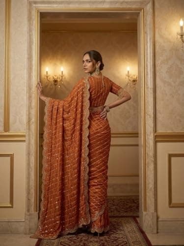 NIRLABH LIZZA Designer Saree for Women with Elegant Star Dot Embroidery Work Soft Fabric Traditional Ethnic Wear Saree with Rich Border & Blouse Piece for Festive Wedding Daily Wear (RUST ORANGE) 2
