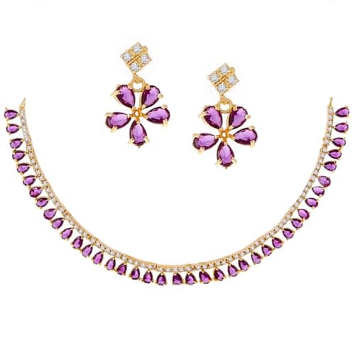ZENEME Gold Plated American Diamond Necklace with Earrings Jewellery for Women & Girls (Purple)