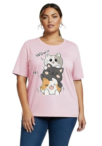 Khakey Womens Pink Round Neck Half Sleeve Graphic Printed Plus Size Tshirt(Pink_760)