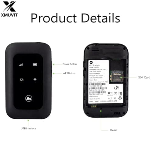 XMUVIT 4G LTE WiFi Dongle with Jlo SIM Support | Portable Mobile Hotspot | 150Mbps Speed | 2100mAh Battery | Connect 10 Devices | Plug & Play USB WiFi Router | Single Band 2.4GHz Travel Router 2