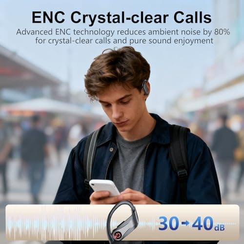 2026 Wireless Earbuds 120hrs Bluetooth 6.1 Headphones Sports Ear Hook with Mic, Noise Canceling Ear Buds with Charging Case, Easy Button Controls Dual LED Display Case Sweat and Water Resistant Black 5