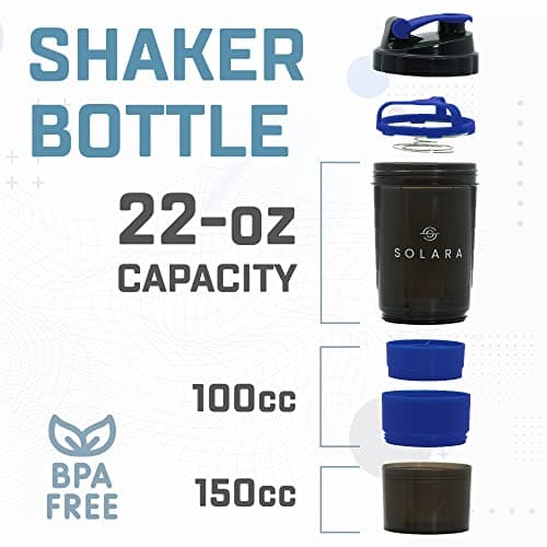 SOLARA Protein Shaker Bottle - 650 ML Gym Shaker Bottle & shakers for Protein Shake - Two Layer Extra Storage for Protein Powder & Nuts, Mobile app with 50+ Home Fitness Videos eBooks, Black & Blue 2