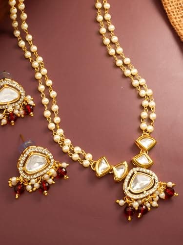 BEVOGUE Elegant Traditional Necklace Set for Women | Gold Plated Brass Jewellery with Red Stones & Pearls | Ideal Gift for Weddings, Parties & Celebrations (NK4849) 3