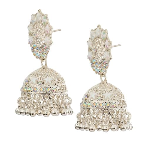 NeishasNest Jhumka Earrings, Oxidized Silver, Traditional Ethnic Temple Style, Crystal Stones, Post Back Closure, Festive & Wedding 5